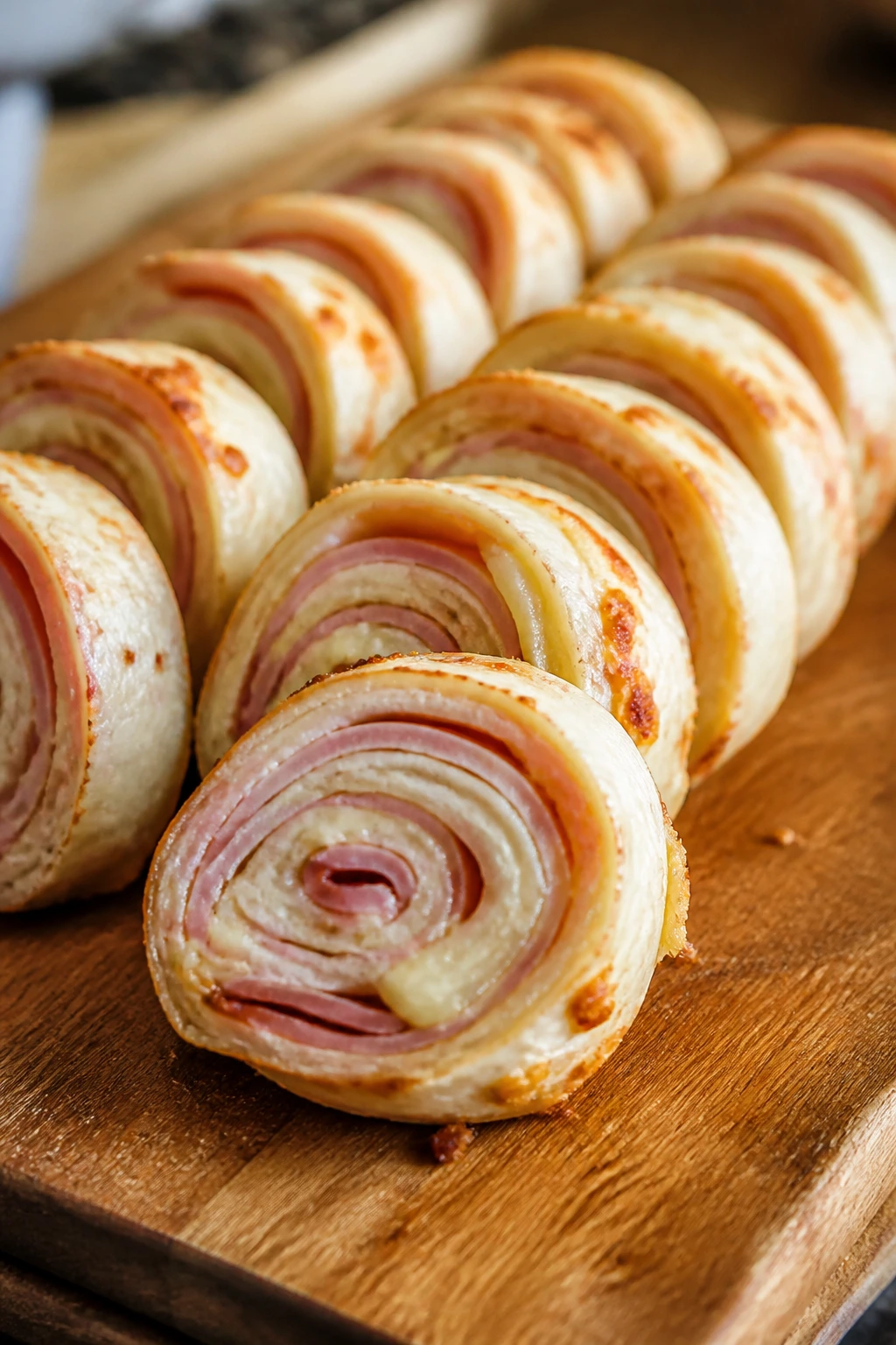 Close-up of ham and cheese pinwheels on cutting board