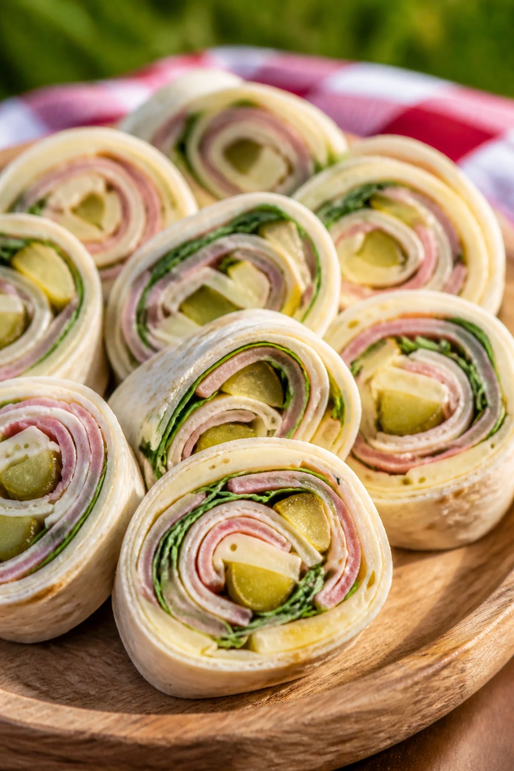 Ham and Swiss pinwheels on a picnic platter