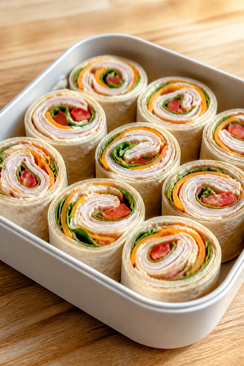 Pinwheel sandwiches sliced to show filling