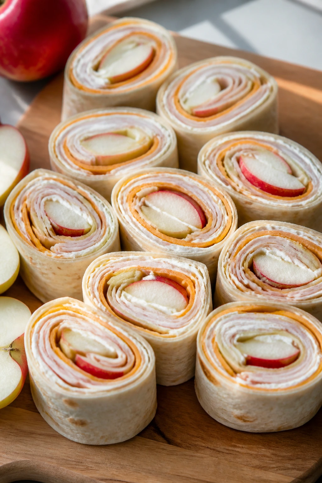 Close-up of turkey cheddar apple pinwheels sliced on a cutting board.