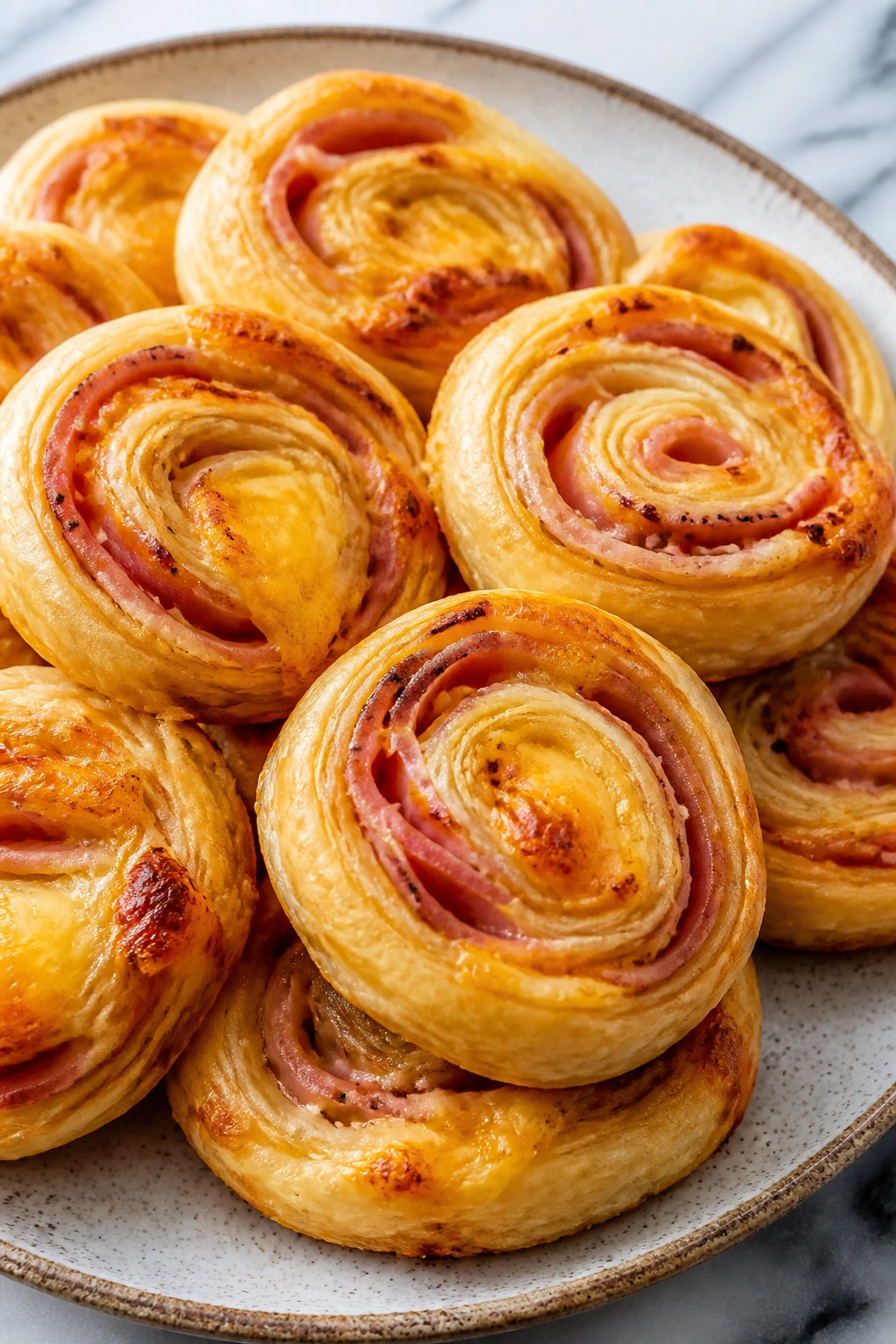 Flaky ham and cheese puff pastry pinwheels on plate