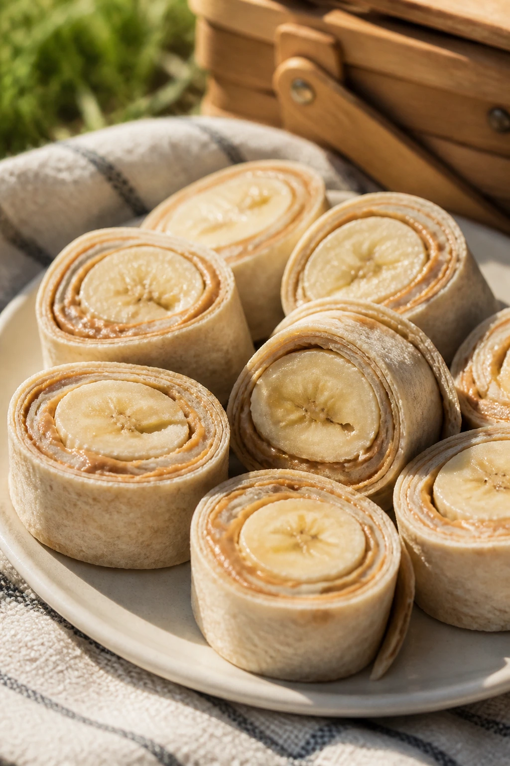 Close-up of peanut butter banana pinwheels sliced into spirals on a plate