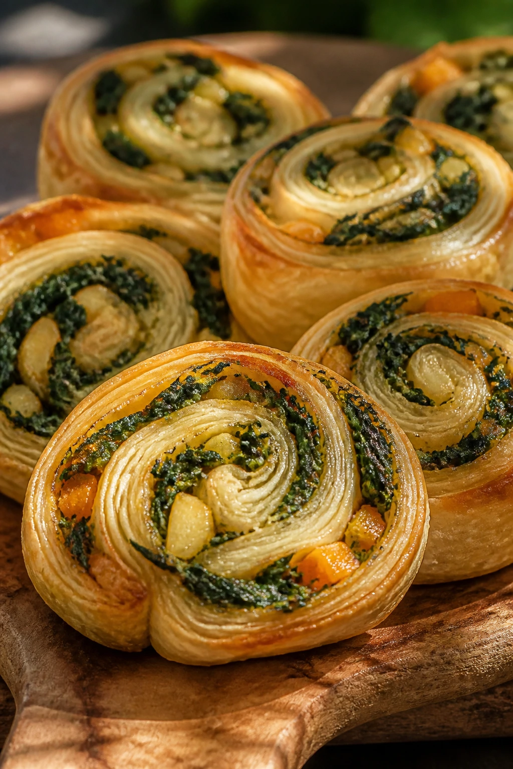 Close-up of spinach, apple, and cheddar pinwheels on a rustic wooden board at a sunny picnic.