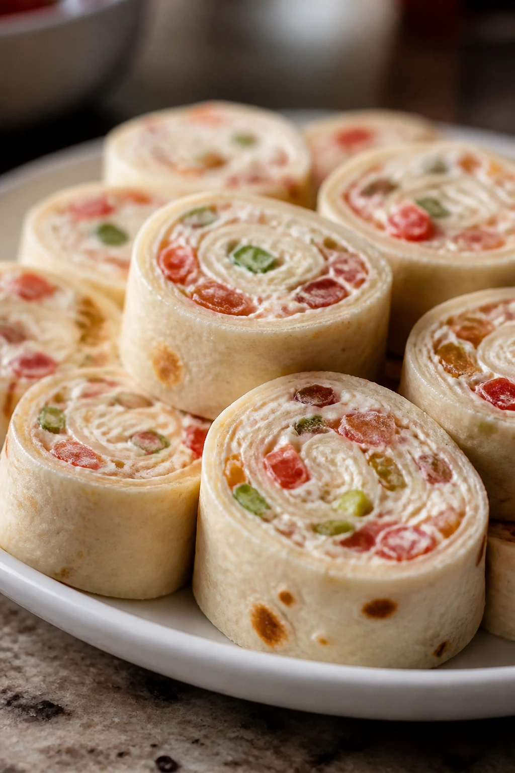 Cross-section of tortilla pinwheels with cream cheese and salsa on a plate.