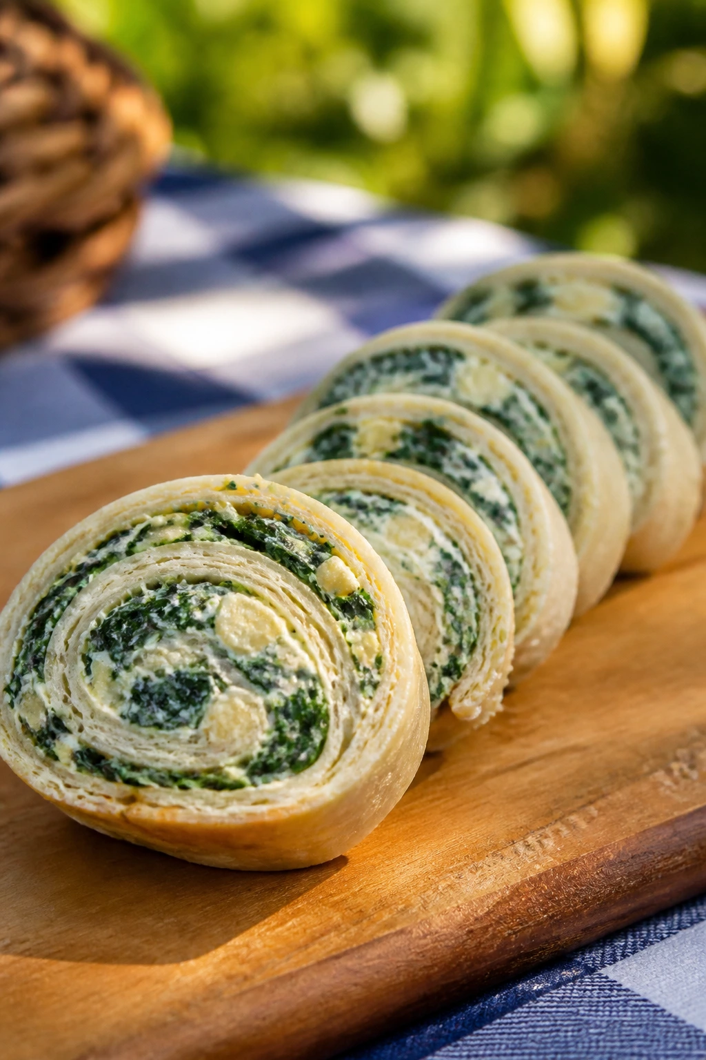 Close-up of spinach-artichoke pinwheels sliced into rounds on a cutting board