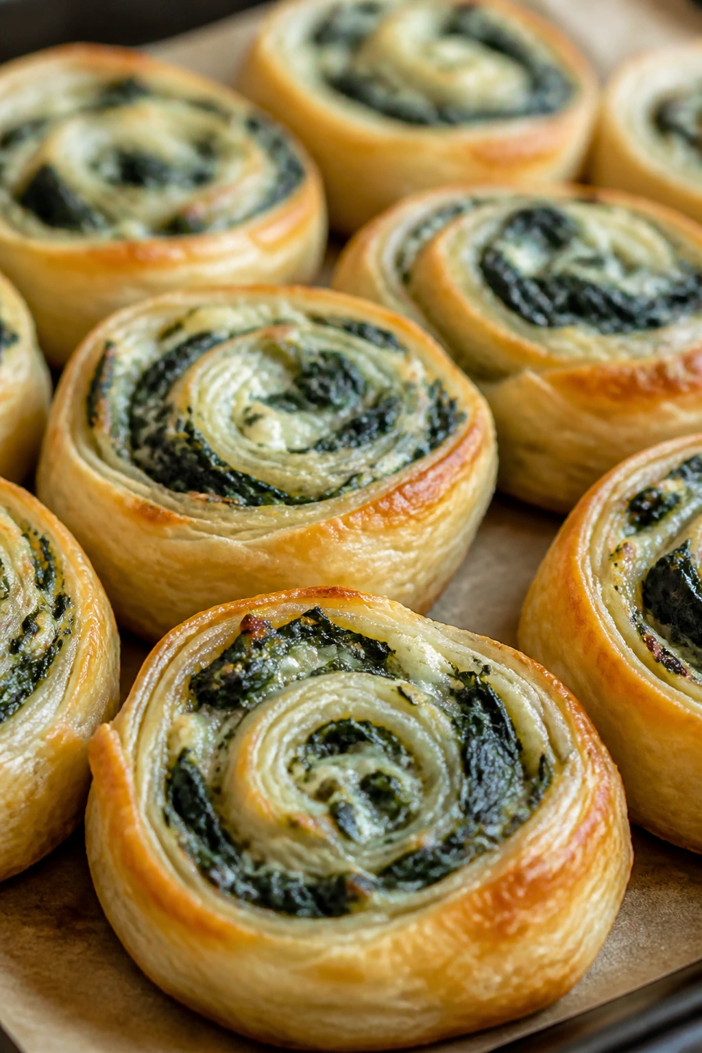 Spinach and cheese pinwheels on parchment