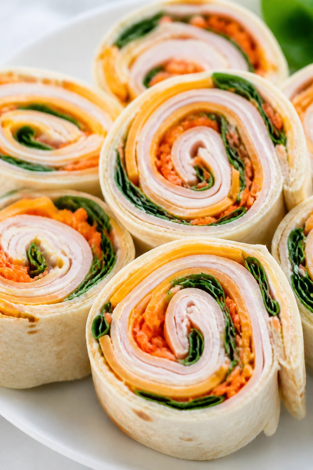 Close-up of turkey and cheddar pinwheels on a plate