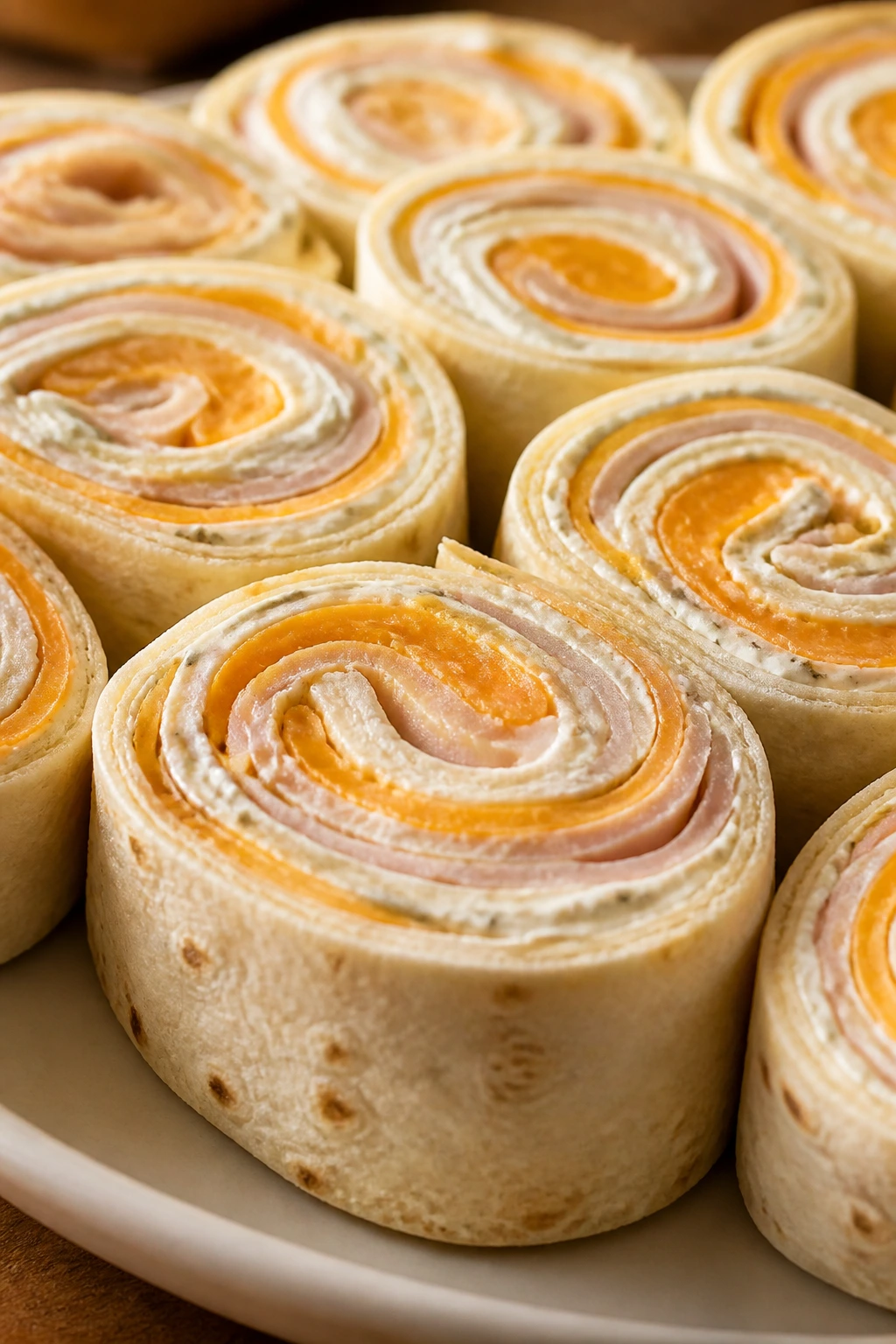 Close-up of turkey cheddar pinwheels on plate