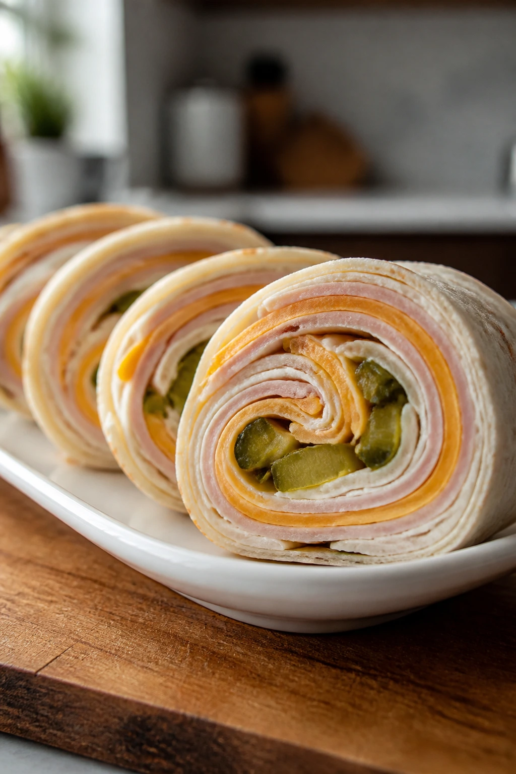 Plate of turkey cheddar pickle pinwheels close-up