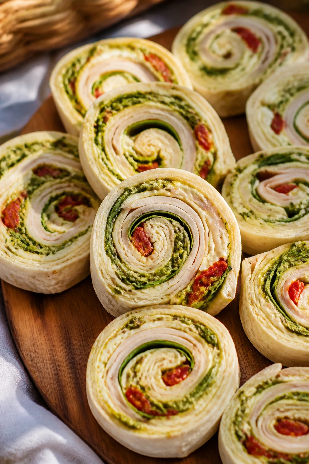 Cross-section of turkey pesto pinwheels on a wooden board.