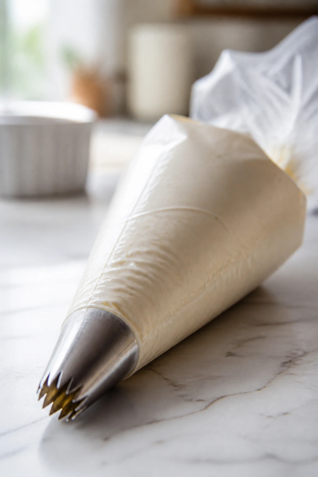 Close-up of a piping bag with star tip in a kitchen