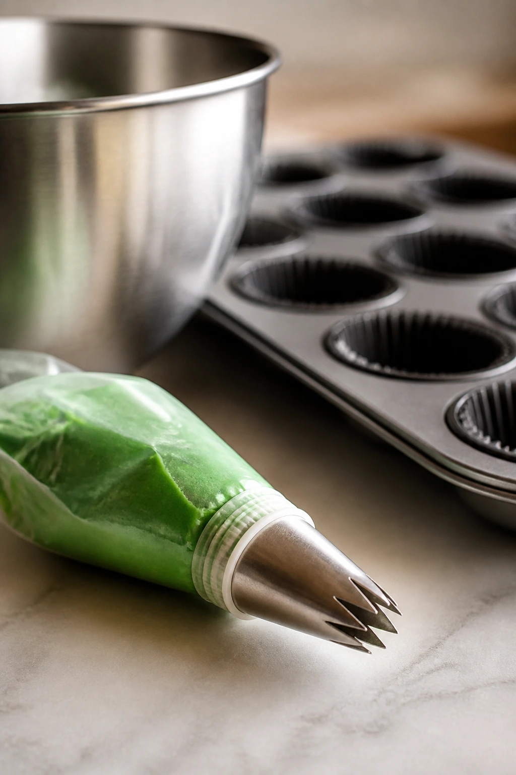Piping bag with star tip and muffin tin on kitchen counter