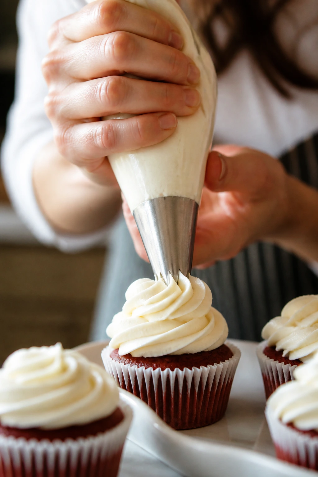 Hands piping cream cheese frosting onto a cupcake in a cozy kitchen