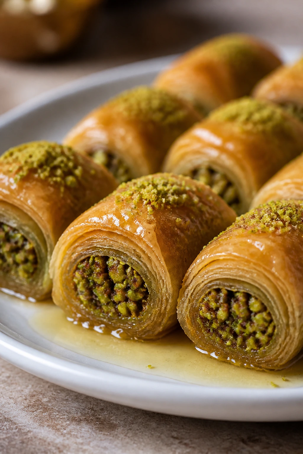 Pistachio baklava rolls with syrup on a plate