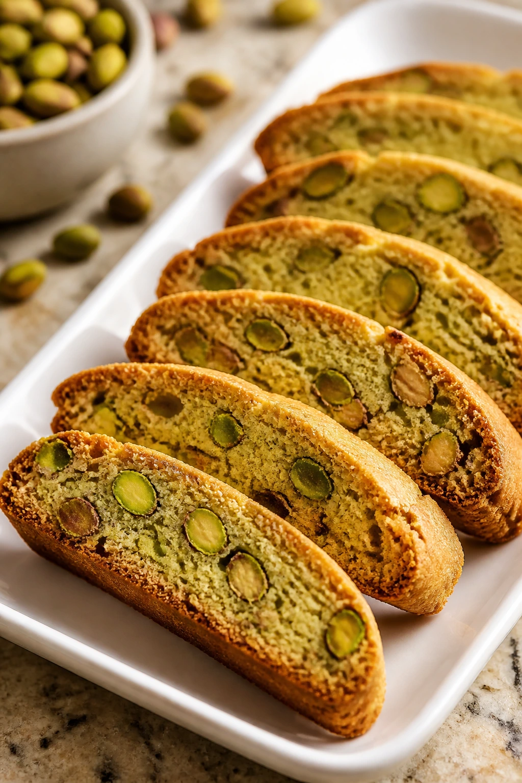 Close-up of pistachio protein biscotti on a plate