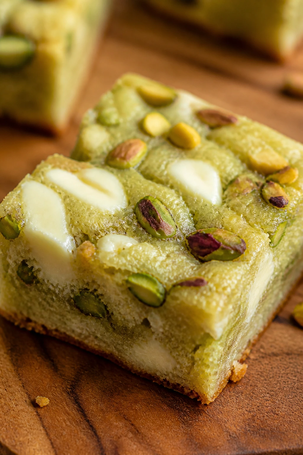 Close-up of Pistachio White Chocolate Blondie with pistachio specks and white chocolate chunks.