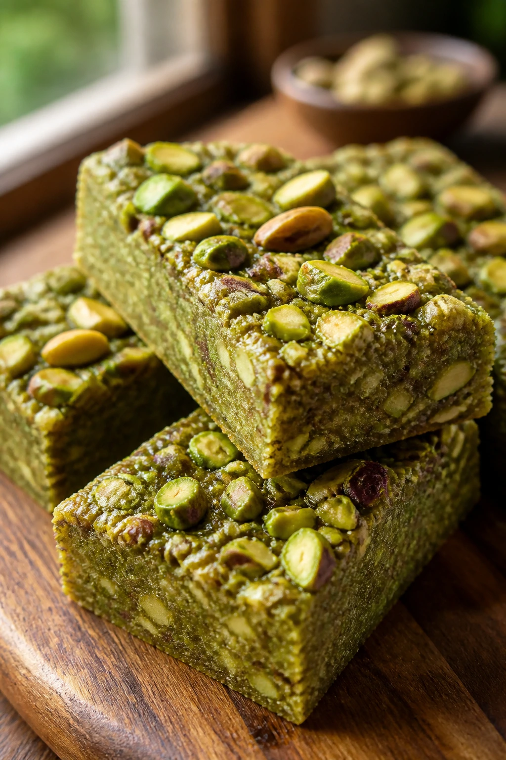 Close-up of pistachio cardamom protein bar with pistachio topping on wooden board