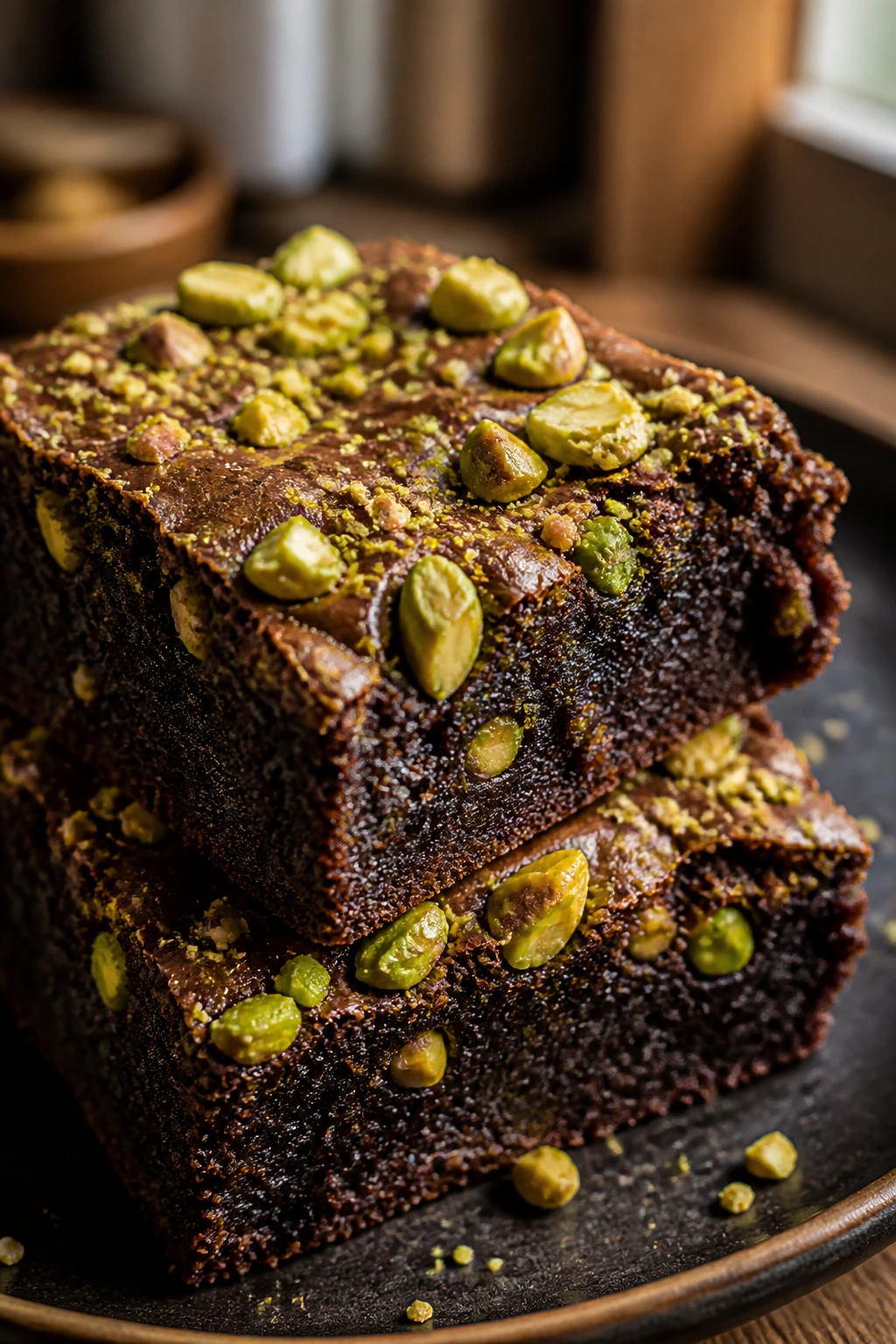 Close-up of pistachio-cardamom brownie with pistachio bits in warm kitchen light