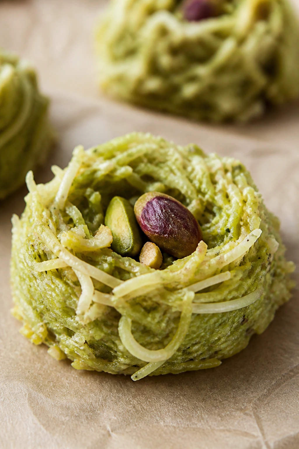Green pistachio cardamom nest with shredded coconut