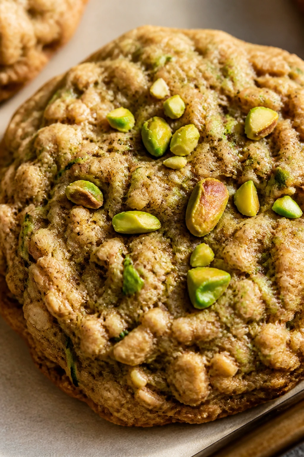 Close-up of Pistachio Cardamom Zucchini Oatmeal Cookie with pistachio chunks and cardamom specks.