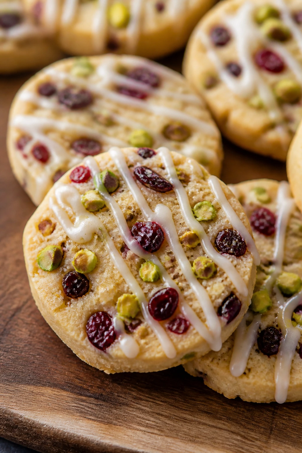 Pistachio and cranberry shortbread rounds with white drizzle