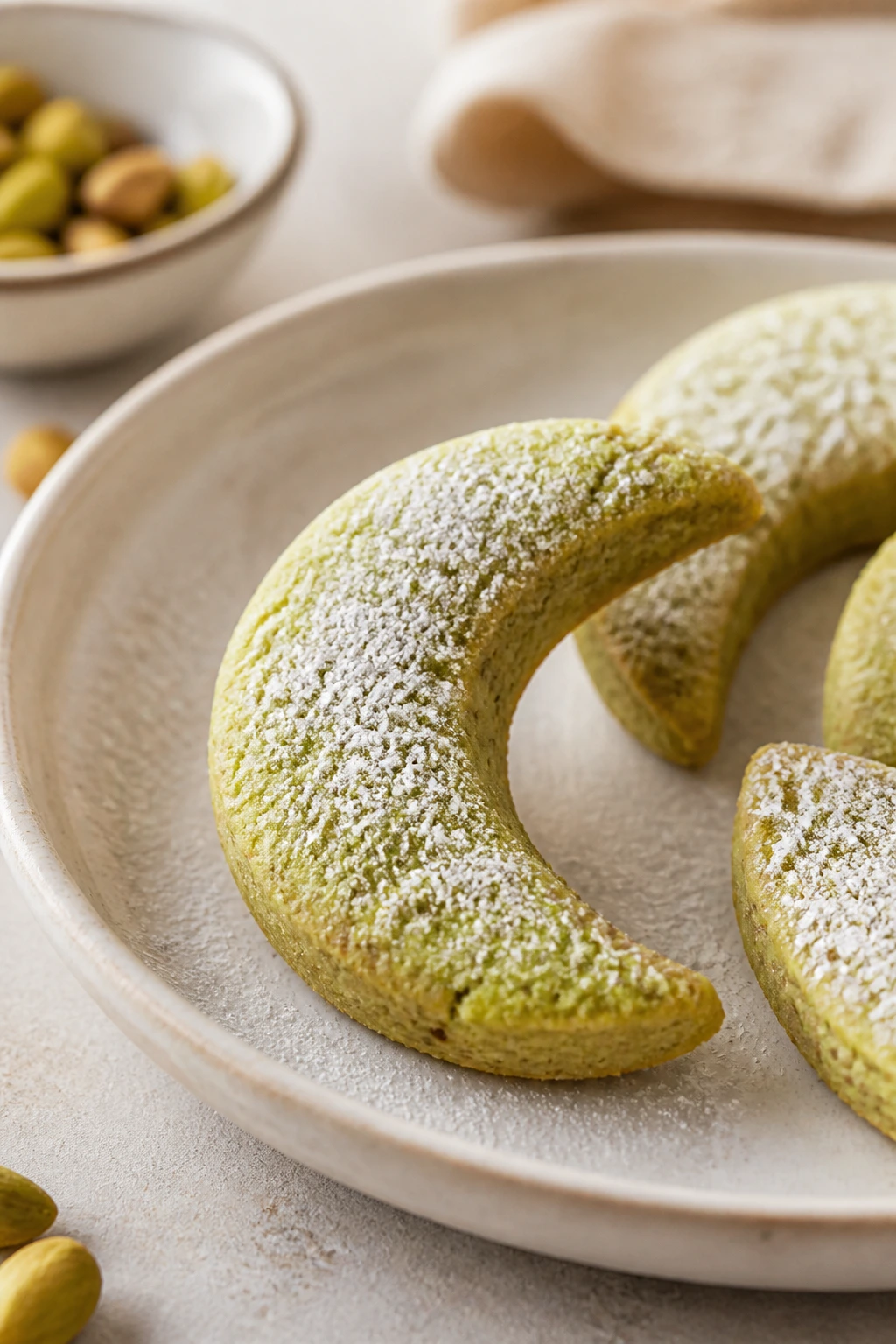 Close-up of pistachio crescent cookie with sugar dusting