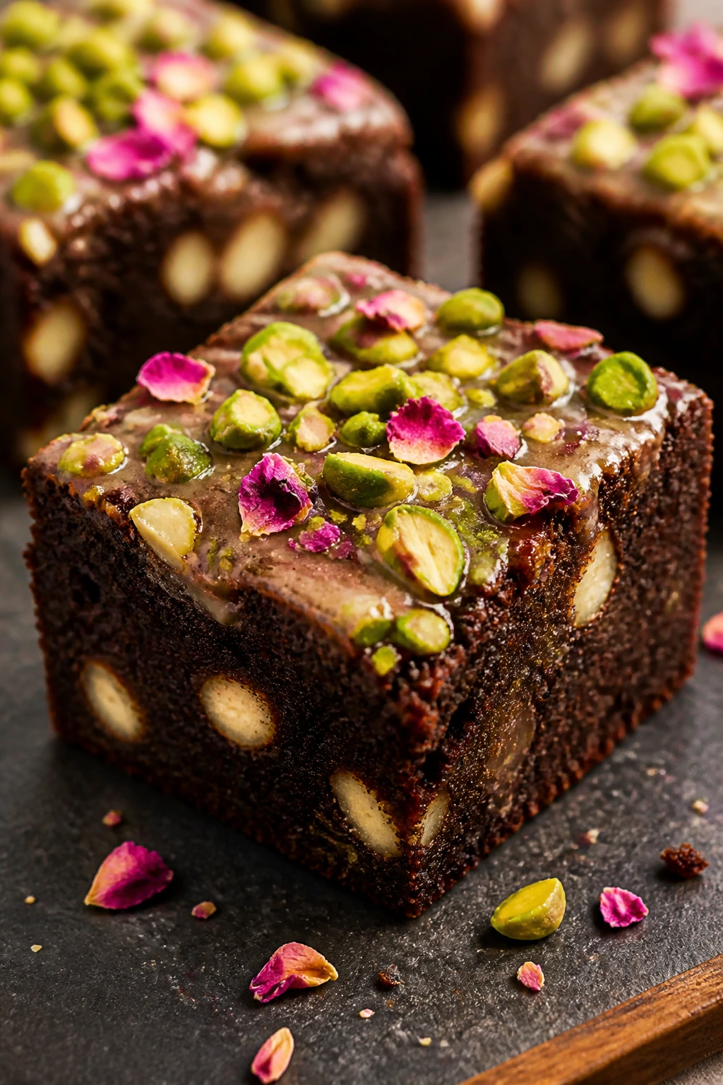 Close-up of pistachio rose brownie with pistachios and white chocolate chips