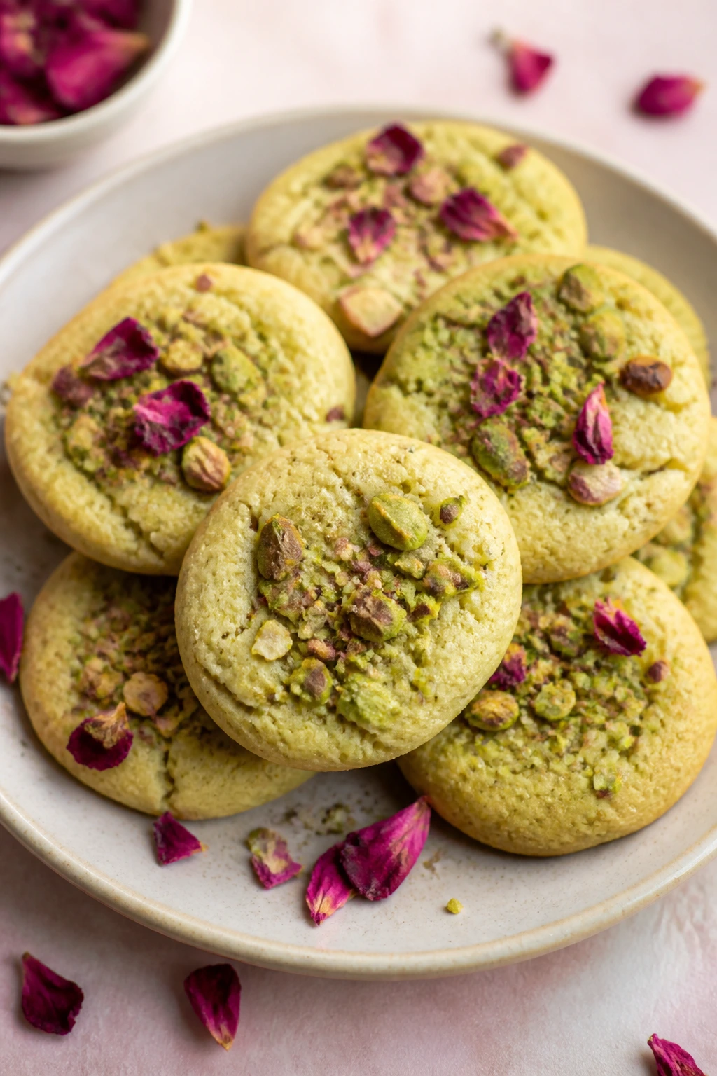 Pistachio rose cookies on plate with rose petals
