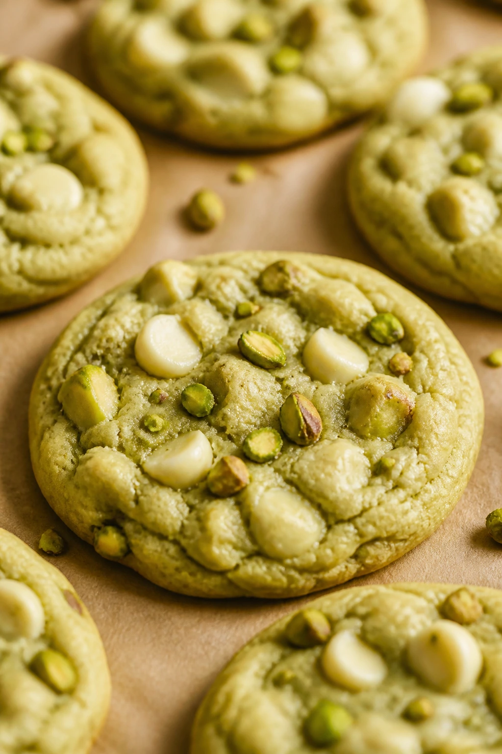 Close-up of pistachio and white chocolate cookies on a baking sheet