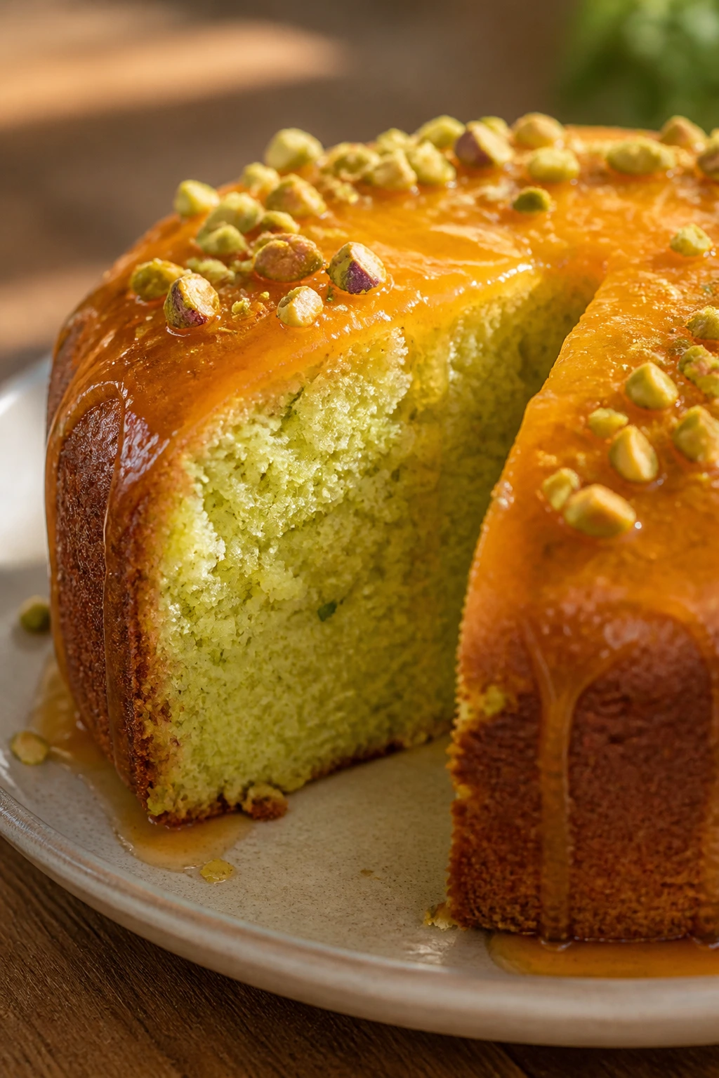 Pistachio yogurt cake with orange glaze on plate