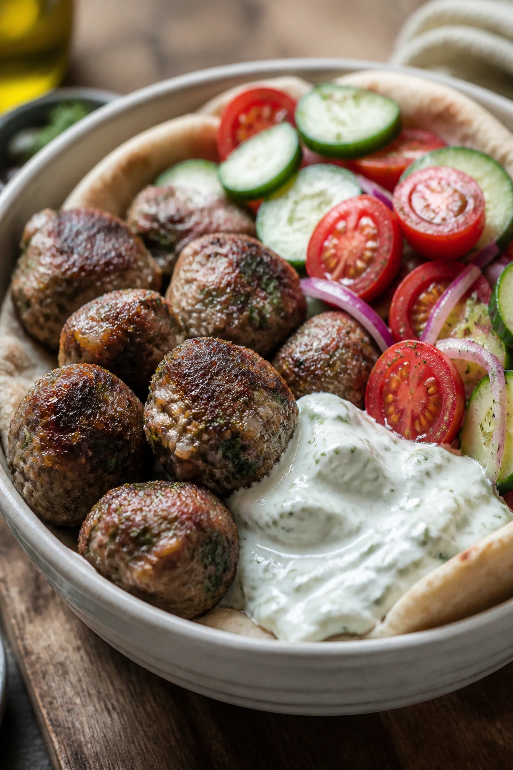 Close-up of pita bowl meatballs with cucumber-tomato salad and tzatziki
