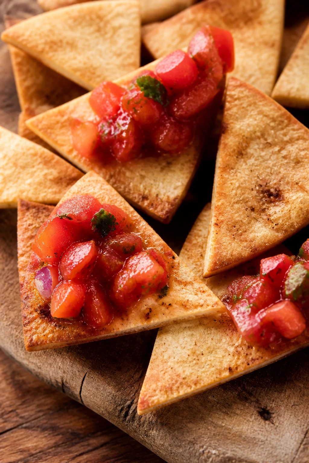 Pita chips arranged with tomato salsa on a wooden board