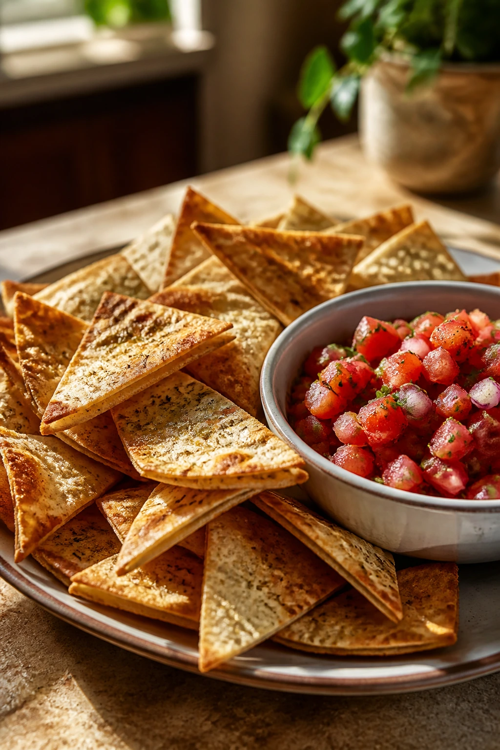 Crispy pita chips with fresh salsa on a platter