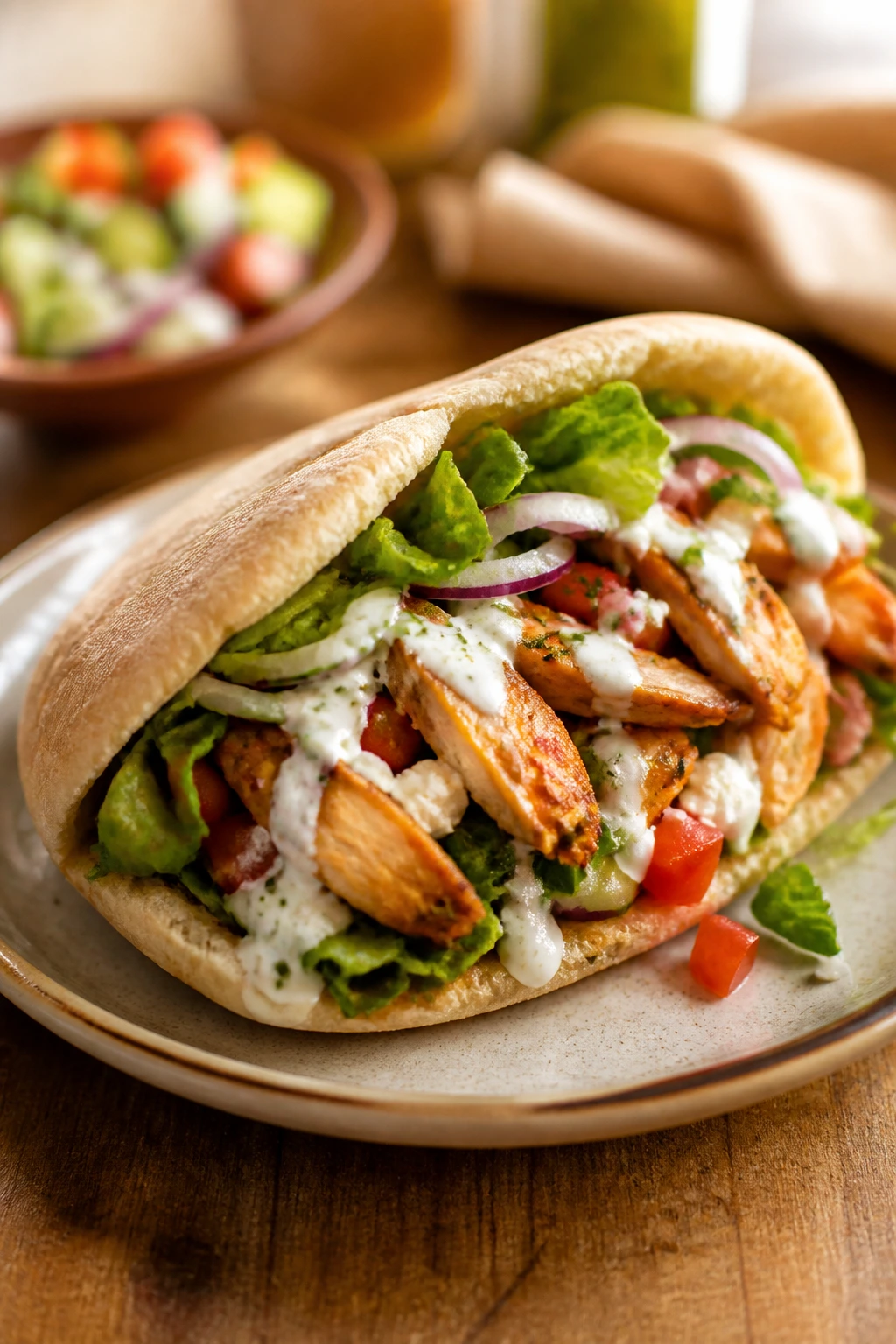 Close-up of a stuffed pita dinner on a wooden surface.