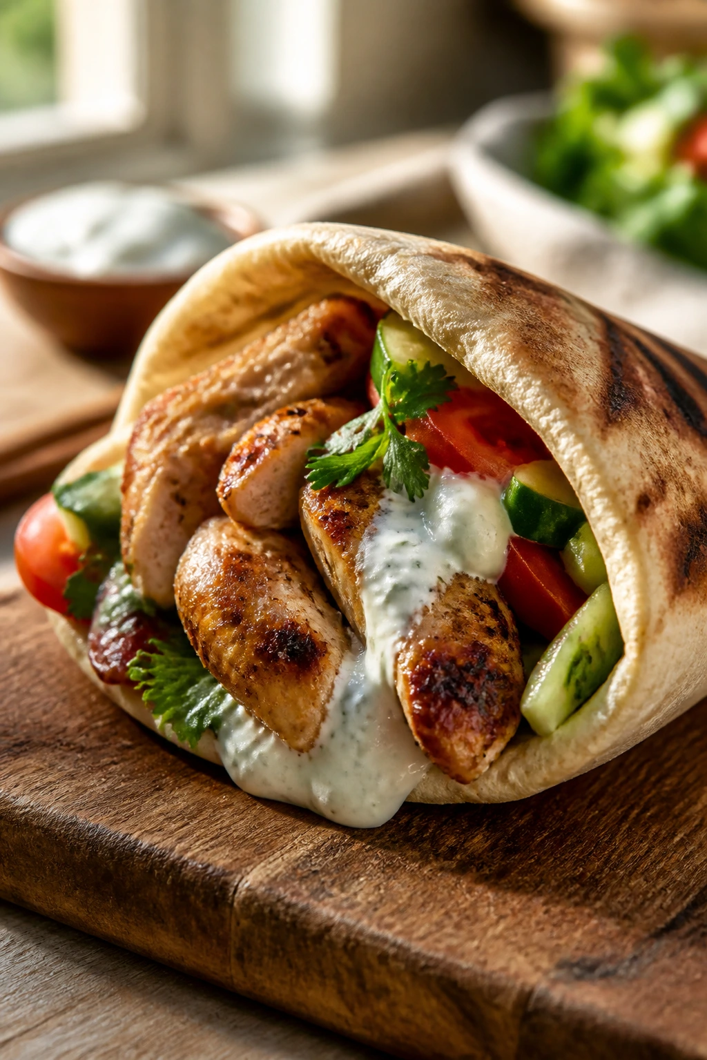 Close-up of a stuffed pita dinner on a wooden board in a warm kitchen