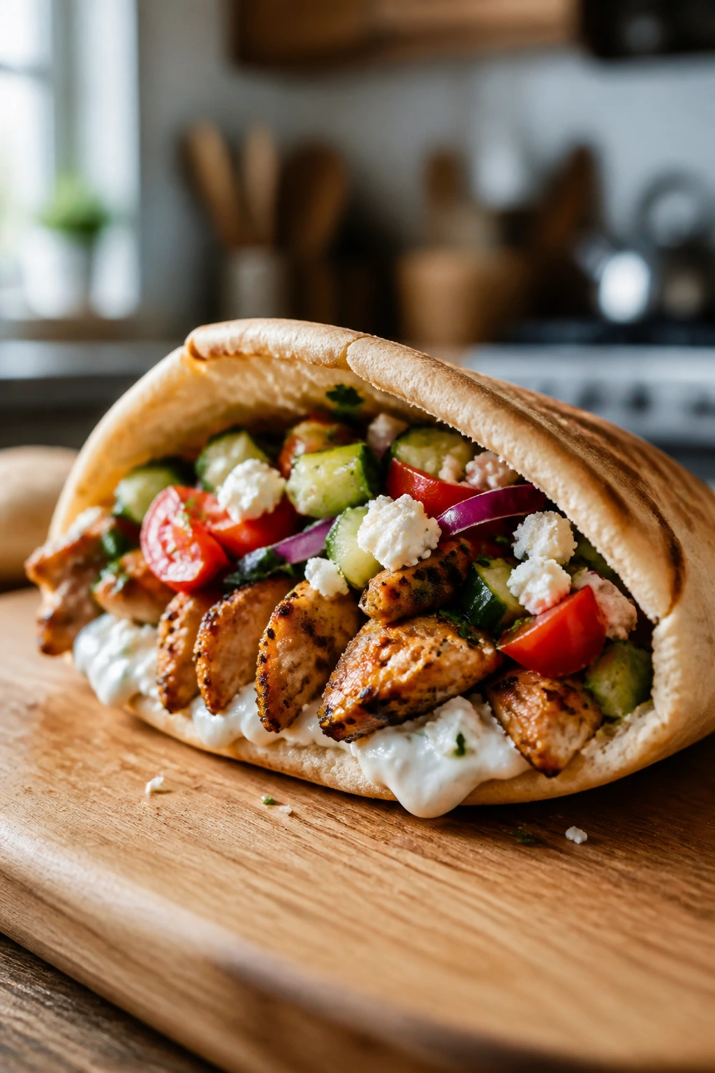 Close-up of a warm pita with colorful fillings on a wooden cutting board