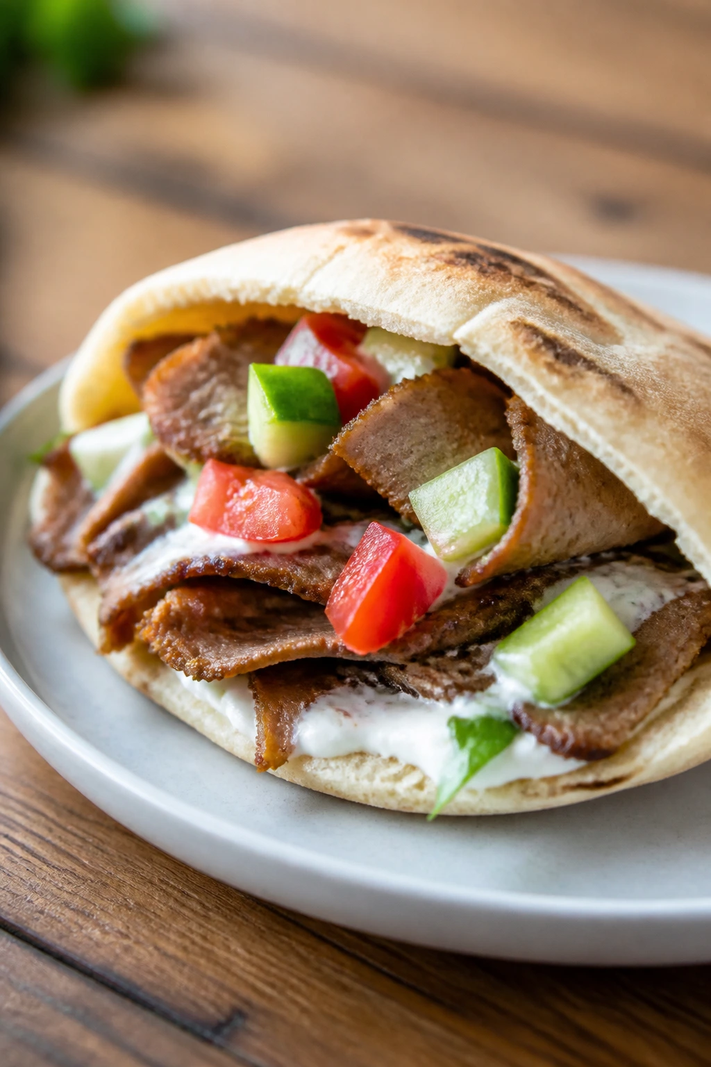 Open pita pocket gyro with meat cucumber and tomato