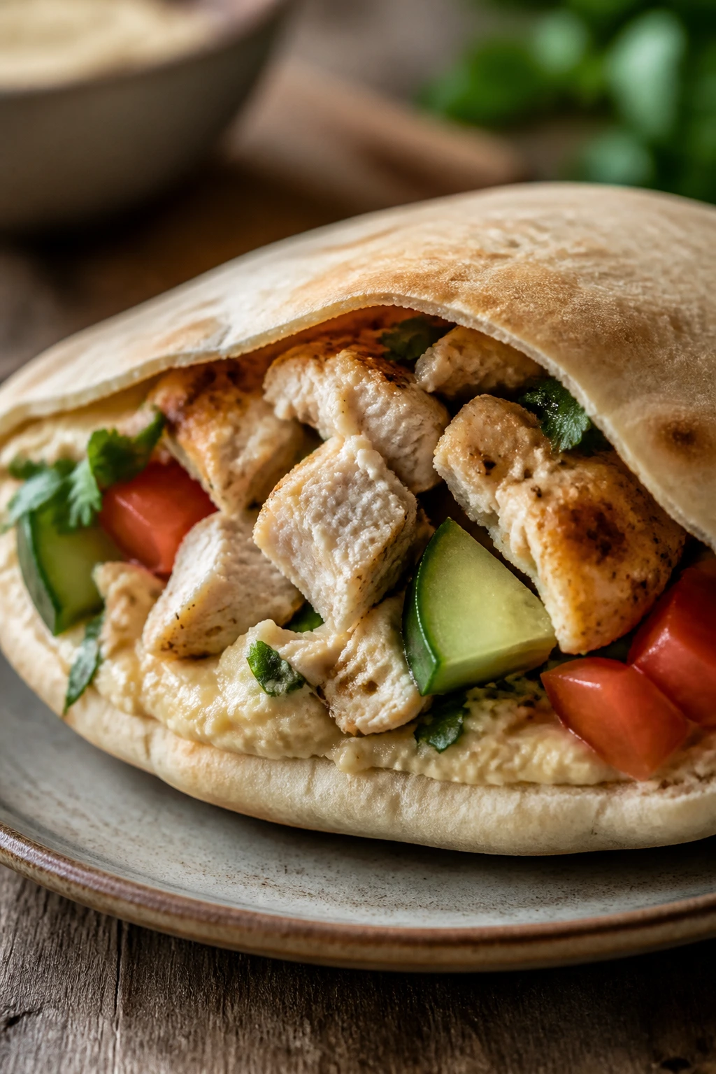 Close-up of stuffed pita pocket with hummus and chicken filling