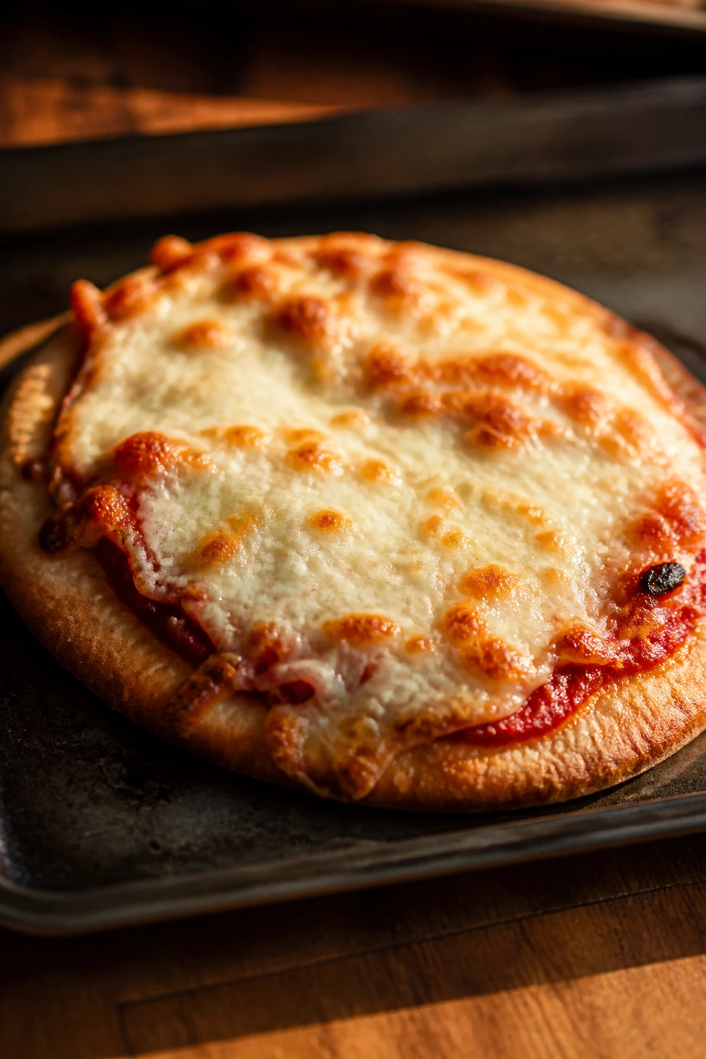 Close-up of a pita pizza with marinara and mozzarella on a baking sheet