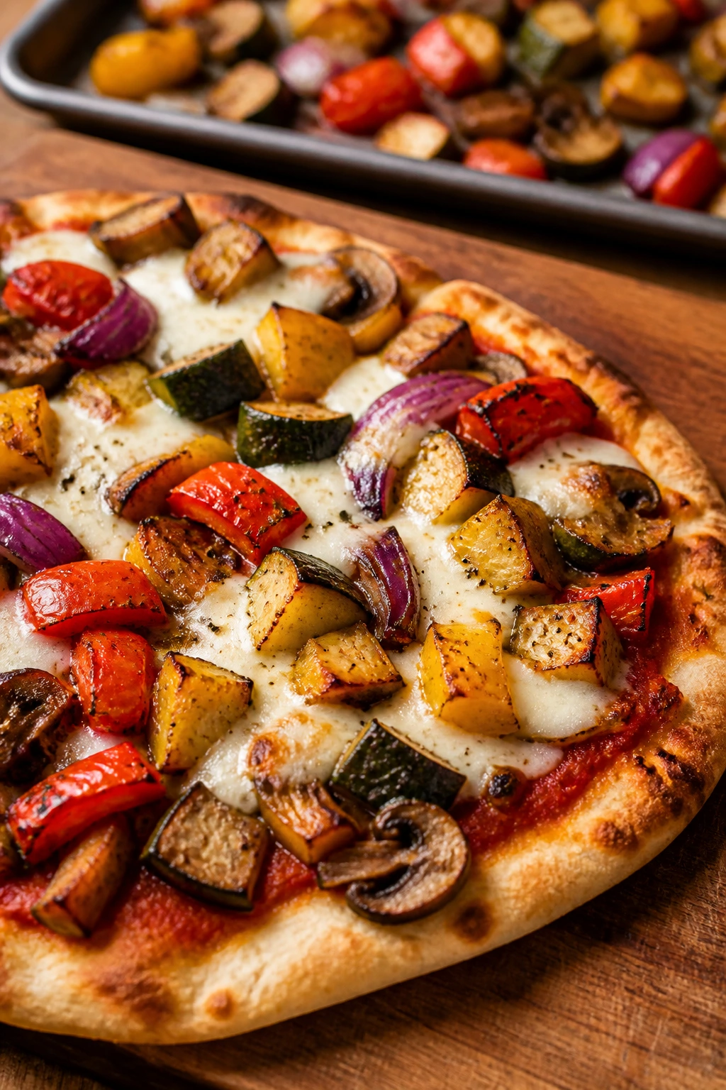 Close-up of pita pizza with roasted vegetables and melted cheese