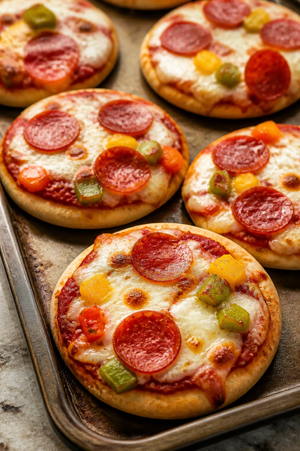 Close-up of mini pita pizzas on a baking sheet with toppings