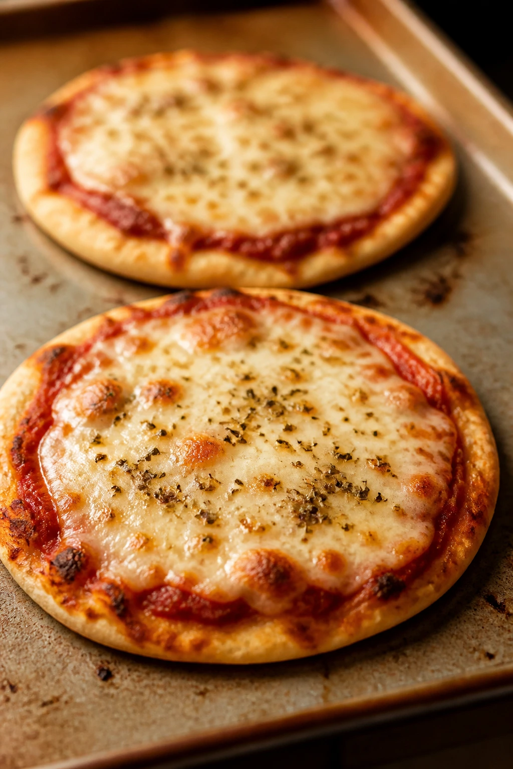 Two mini pita pizzas with melted cheese on a sheet pan