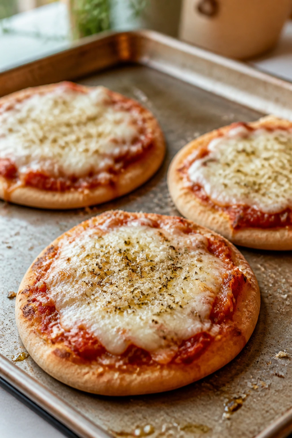 Three personal pita pizzas on a sheet pan