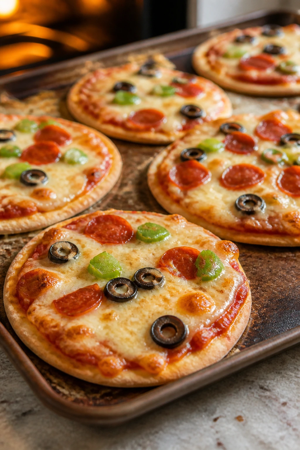 Pita pizzas with bubbling cheese on a baking sheet in a warm kitchen