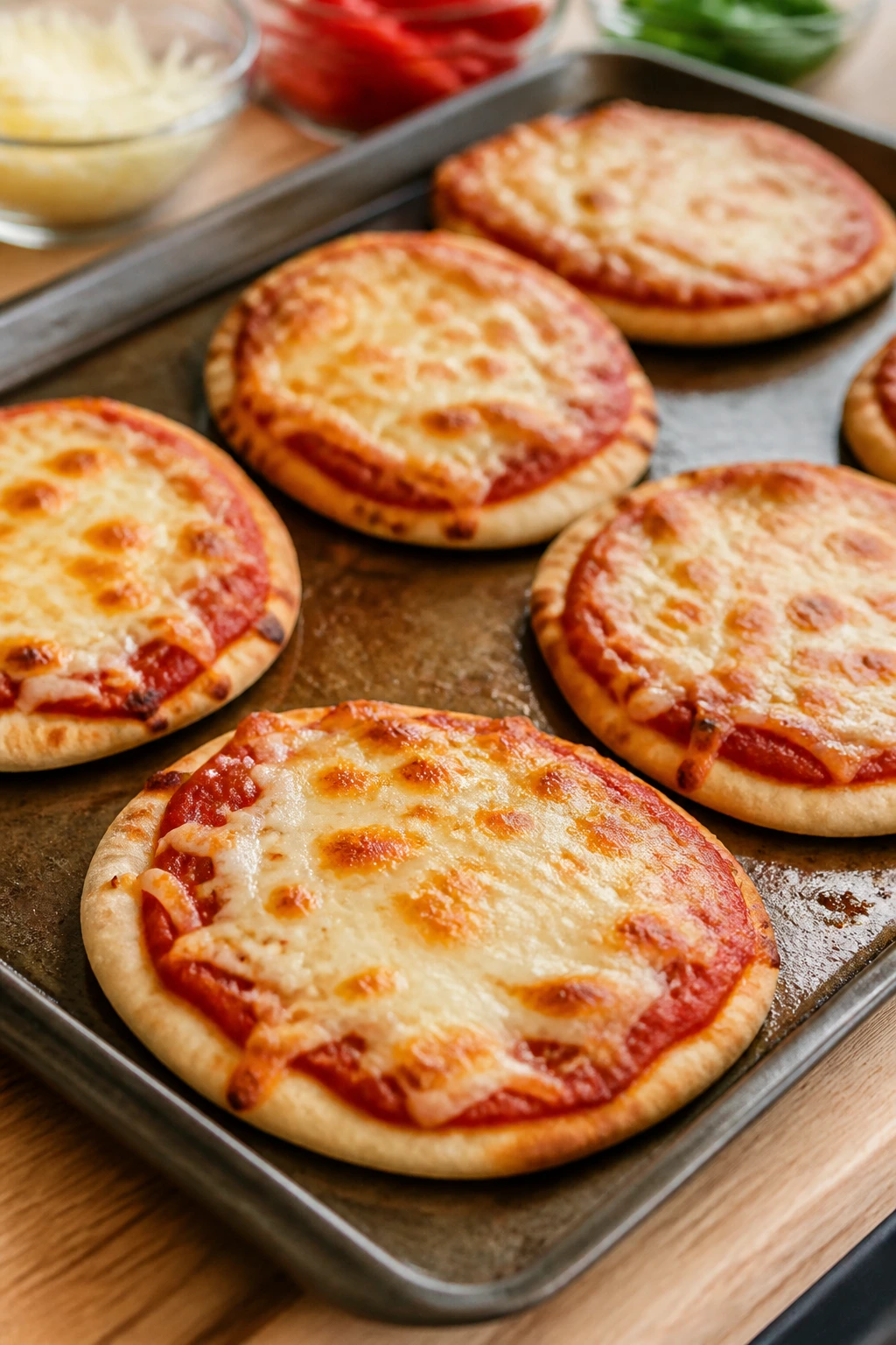 Pitas topped with sauce and cheese on a baking sheet ready to bake
