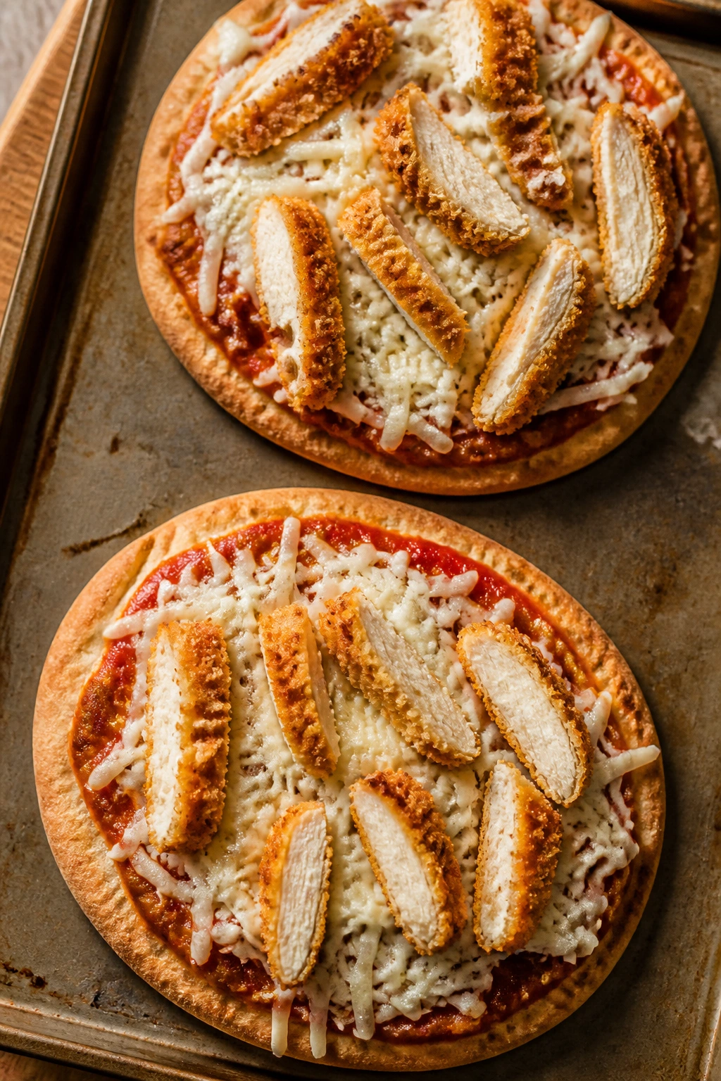 Pita pizzas topped with chicken tenders and cheese