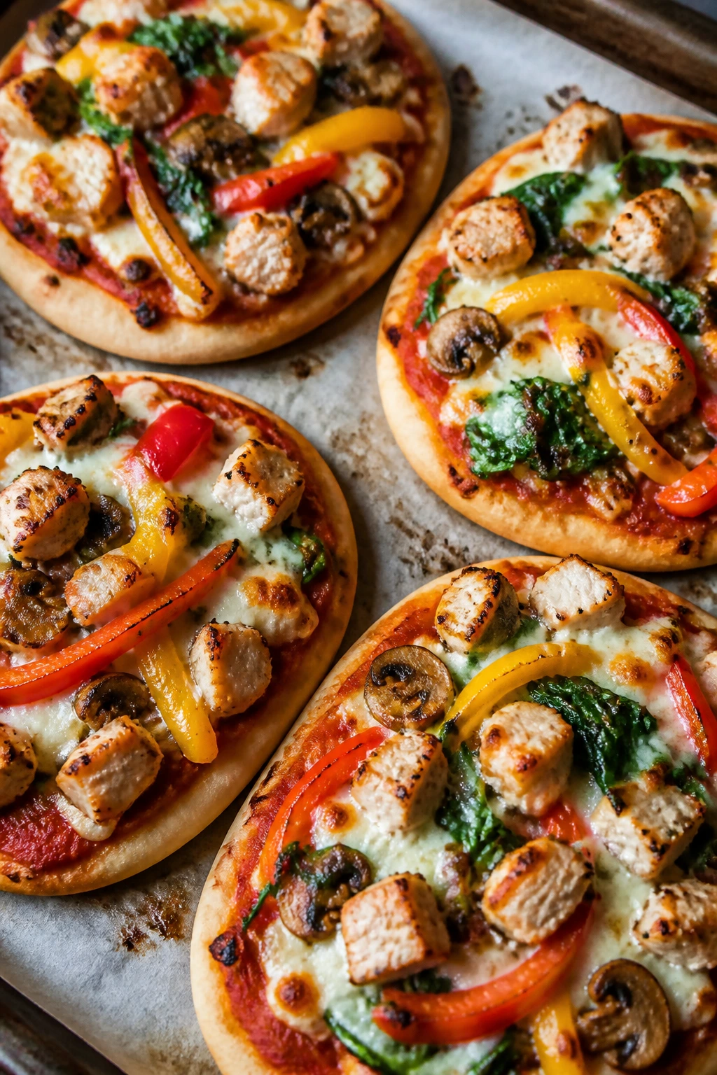 Close-up of pita pizzas with veggie toppings