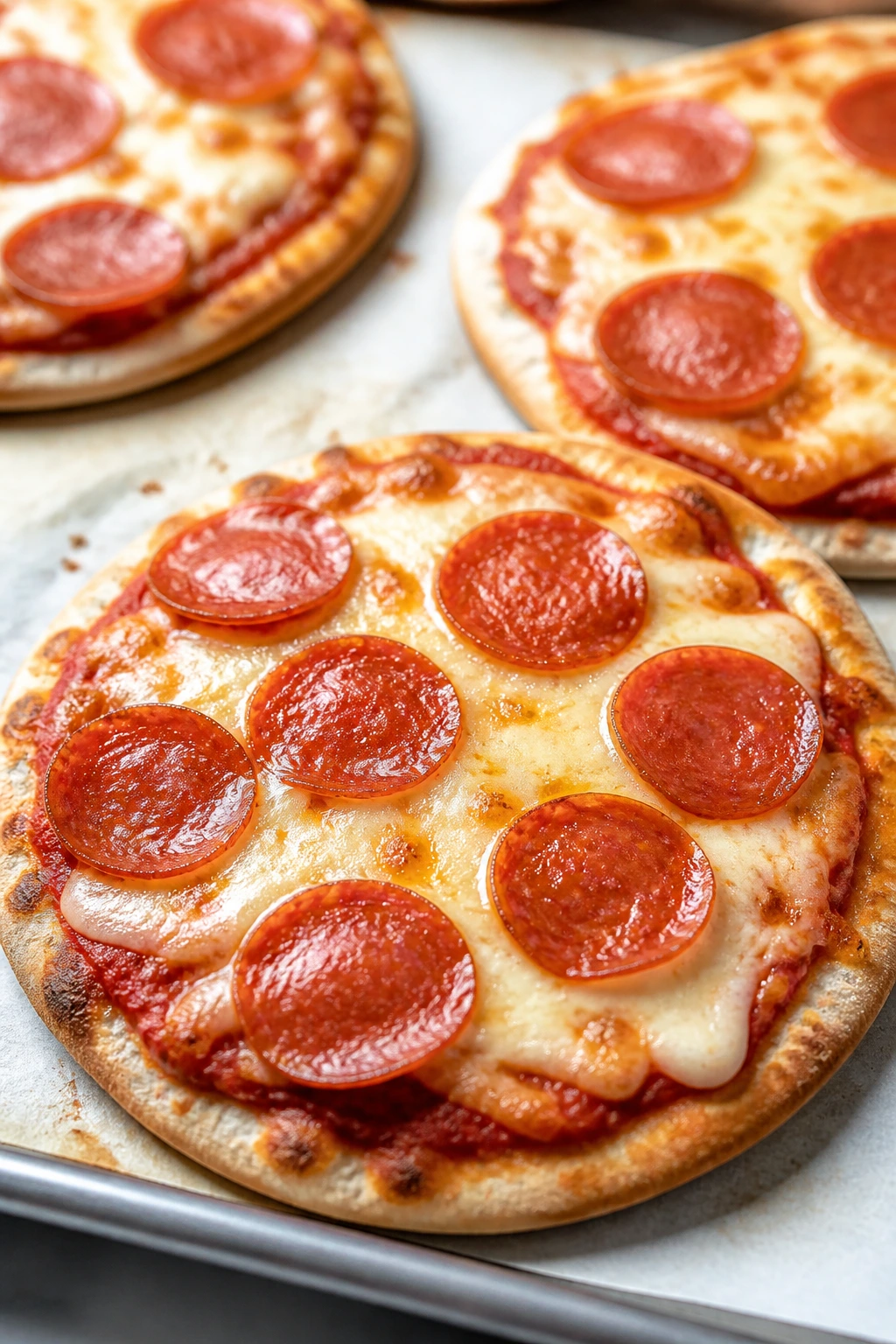Close-up of crisp pita pizzas with sauce and cheese on a baking sheet