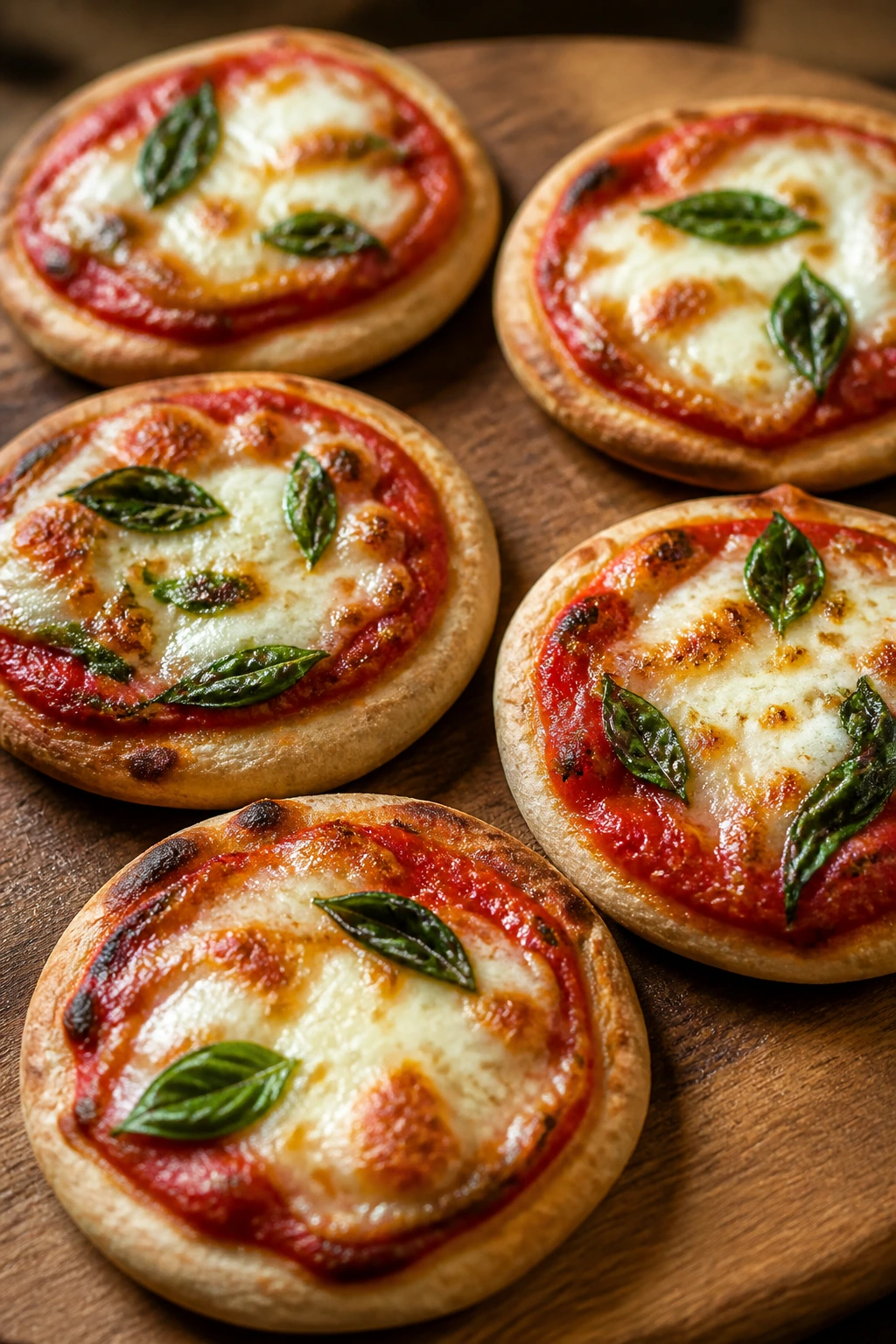 Six mini margherita pita pizzas on a wooden board