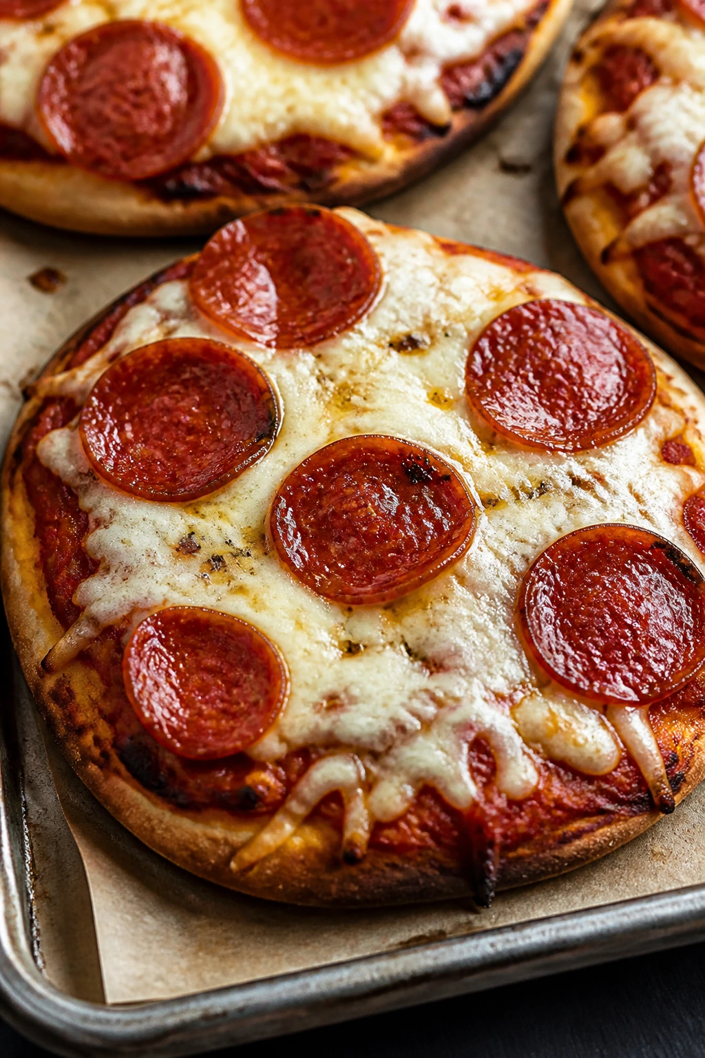 Close-up of pita pizza topped with sauce and cheese on a sheet pan in a cozy kitchen.